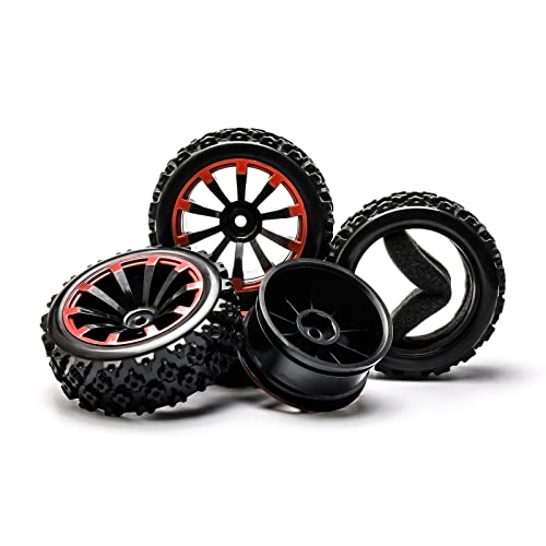 4PCS Tires and Wheels Sets for Various Remote-Controlled Cars - 1/10 1/14 Scale RC Crawler Car Upgrades - Black Red Rubber Beadlock Wheels & Rims with 12mm Hex - Enhanced Grip for Off-Road - color: Black & Red