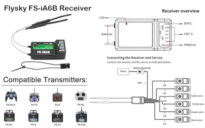 JeeFly FS-iA6B Receivers 6-Channel 2.4GHz Receiver with PPM/iBus Dual Antenna AFHDS2A Compatible with FS-i6/i6X/i10 Transmitters for RC Drones, Airplanes & Helicopters