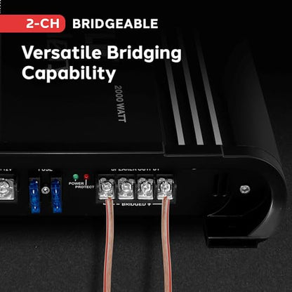 Pyle 2 Channel Car Stereo Amplifier - 2000W High Power Dual Channel Bridgeable Audio Sound Auto Small Speaker Amp Box w/ MOSFET, Crossover, Bass Boost Control, Silver Plated RCA Input Output-PLA2378
