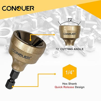 CONQUER Deburring External Chamfer Tool, Tungsten Blade, Fits 1/8"-3/4" | For Steel, Copper, Brass, Aluminum, PVC & Wood. 1/4" quick-release shank, spark-free 0-400 RPM. Repairs bolts, rods & pipes - size: PREMIUM TUNGSTEN Blade 1/8"-3/4"(3mm-19mm)