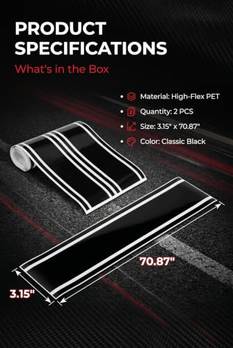 2 PCS Racing Stripes Car Decal, Hood Body Side Stickers, Black | Waterproof PVC Sunroof Hood Wrap Strips, Trimmable Body Side Stickers, Car Exterior Accessories for Most Vehicles