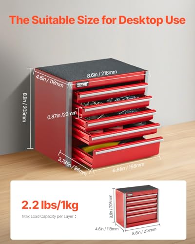 VEVOR Metal Tool Box, 8.6-inch, Portable Metal Tool Box with 5 Drawers, Small Tool Chest with EVA Liners and PP Feet Pads, Heavy-Duty Steel With Ball Bearing Opening and Powder Coated Finish, Red - size: 5 Drawers-Red
