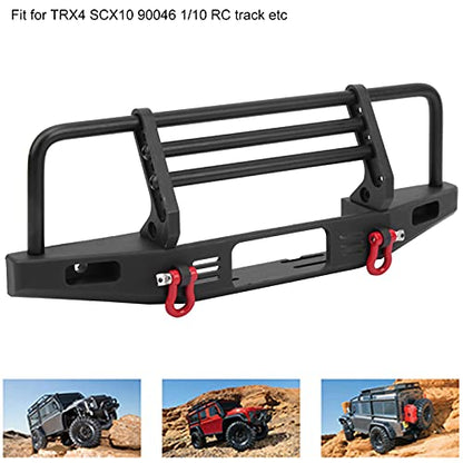 Metal Front Bumper with 2LED Round Light Fit for SCX10 90046 1/10 RC Car Accessory Adjustable Height Strong Metal Bumper for RC Crawler Track Black