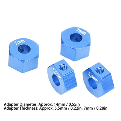 4Pcs Aluminium Alloy 12mm Diameter, RC Wheel Hub, 12mm RC Wheel Hex Hub Extension, 5 5mm 7mm Hex Drive Adapter Thickness Accessory Set Kit for traxx as 1/10 Slash (Blue)