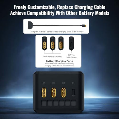 Matrice 4T/4E 200W Parallel Charging Hub for DJI Matrice 4 Series, Fast Multi Battery Charging Station, Charges 3 Batteries in 1hr 50min, 1.5" IPS LCD, 3 Smart Modes, 36W USB-C Drone Accessory