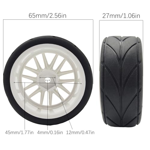 RC 1/10 On Road Touring Tires & Wheels 12mm Hex Hard Plastic Rims OD 65mm Street Racing Tyre for 1:10 1/12 Rally Drift Car Tamiya TT01 TT02 Traxxas XV02 XV01 HPI KYOSHO PTG2 4PCS (White) - color: White