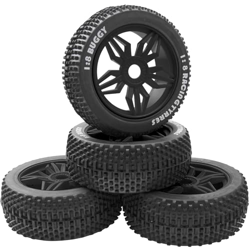 ShareGoo OD 4.52" 1/8 RC Buggy Rubber Tires Tyre w/ 5 Spoke Plastic Rim 17mm Hex Compatible with Arrma Kyosho Exceed RC Traxxas Redcat HSP HPI 1/8 Scale Off Road Car Buggy (Black) - color: Black