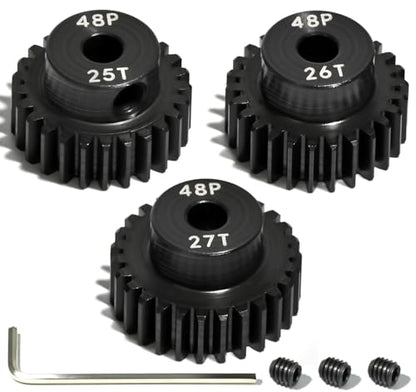 3PCS 48P Pinion Gear Set Hardened Steel 3.175mm Shaft 25T 26T 27T with Screws & Hex for 1/10 RC Arrma Traxxas HPI Kyosho Losi Axial SCX10 Tamiya Monster Truck Buggy Motor Upgrade Parts - size: 25 26 27T