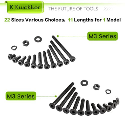 2540Pcs M3 Screw Kit 4MM to 35MM, M3 Socket Head Screws & Flat Head Screws, Upgraded Zinc Plated Assorted Nuts and Bolts Assortment Kit Black M3 Screws with Nuts, Washer and Lock Washers - size: K. M3