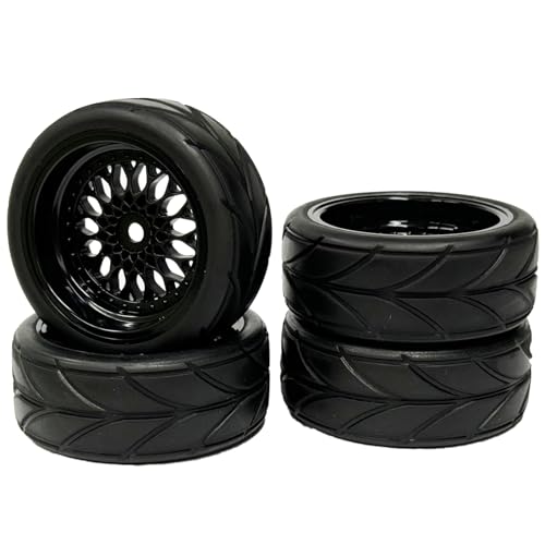 4PCS 64mm Rubber Tires and Plastic Wheel Rims Set 12mm Hex Replacement Part for Sakura Tamiya TT02 HPI HSP Kyosho 1/10 RC On Road Run-flating Touring Racing Car Tyre (Black, Offset:6mm) - color: Black, size: Offset:6mm