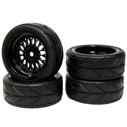 4PCS 64mm Rubber Tires and Plastic Wheel Rims Set 12mm Hex Replacement Part for Sakura Tamiya TT02 HPI HSP Kyosho 1/10 RC On Road Run-flating Touring Racing Car Tyre(Black,Offset:9MM) - color: Black, size: Offset:9mm