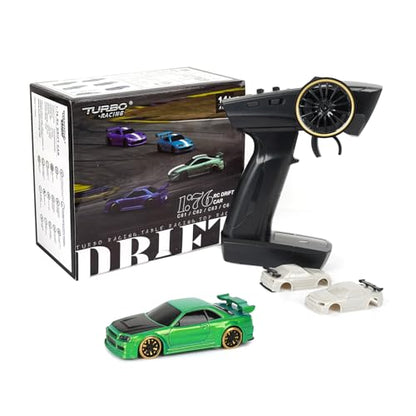 Turbo Racing 1:76 Scale Drift RC Car, Mini Table Racing Model Car with 2.4G Remote Control & Gyro Full Proportional RTR for Adults Hobby Toys Gifts (C64-Green) - style: C64-Green