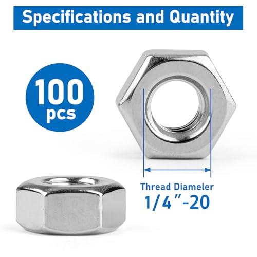 Hex Nuts, 100 Pack 1/4“-20 304 (A2-70) Stainless Steel Hardware Nuts,Standard Inch Coarse Thread Nuts - color: Silver, size: 1/4"-20