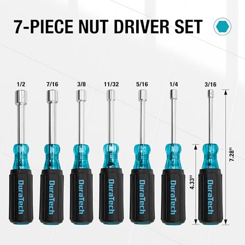 DURATECH 7-Piece SAE Nut Driver Set, Nut Drivers | Cr-V Steel, Non-Slip Handles, 3/16, 1/4, 5/16, 11/32, 3/8, 7/16, 1/2-Inch, 1-Inch Hollow Shaft, Nuts Tightening & Unscrewing