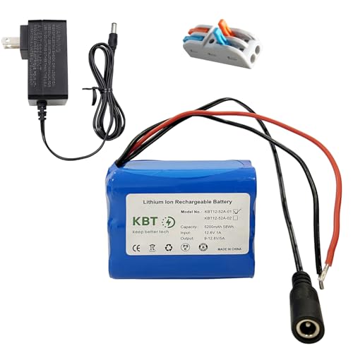 KBT 12V 5200mAh Rechargeable Li-ion Battery, Bare Leads Wire Replacement Battery Pack with Charger Compatible with 12V Devices RC Car, Boat, Robot, DIY, LED Light Strip, CCTV Camera - style: 5.2Ah bare leads
