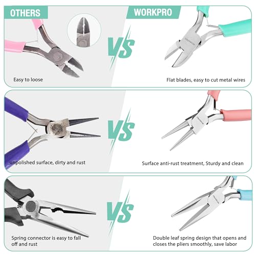 WORKPRO Jewelry Pliers Set, 3 Pack Jewelry Making Tool Kit | Includes Mini Needle Nose Plier/Chain Nose Plier, Round Nose Plier and Wire Cutter for Jewelry Repair & Making, DIY Crafts - color: Light Blue, Light Green, Pink