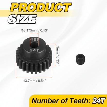 MECCANIXITY 48P Hardened Steel Pinion Gear, 24T 3.175mm Shaft Metal Motor Gear with Hex Key for RC Brushless Brush Motor Model Car Replace(Black) - size: 24T
