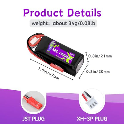 2S 7.4V 1000mAh 20C Battery with JST Plug Compatible with WLToys Mini RC Car K989 K969 K979 K999 P939 P929 1/28 MINI-Q 284131 Toy Speed Racing Truck with Charger