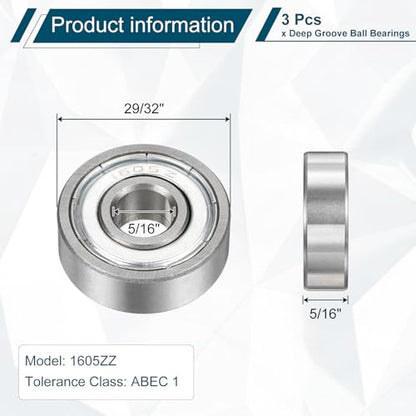 uxcell 3 Pcs 1605ZZ Deep Groove Ball Bearing 5/16" x 29/32" x 5/16" Double Metal Sealed, Chrome Steel Bearings - size: 1605ZZ 5/16" x 29/32" x 5/16"
