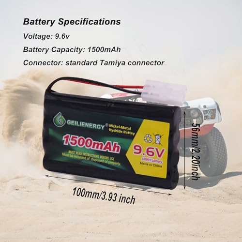 9.6V Rc Battery 1500mAh Rechargeable Ni-MH Battery Pack with Standard Tamiya Connector and USB Charger Cable for RC Car, Robots, RC Monster Truck (1 Pack)