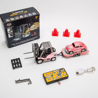 1/64 Scale Mini RC Forklift Truck, 2.4GHz Fully Functional Remote Control Truck Model with Wireless Controller, Cargo Hook, Forks and Pallet, RC Vehicle Toy for Adults - color: Pink/Upgraded Version