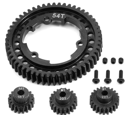 Hardened Steel 54T 1 Mod Spur Gear with 18T 20T 22T Motor Pinion Gear for 1/5 X-Maxx 1/7 XO-1 1/10 Maxx/E-Revo 2.0 VXL Upgrade Part, Replace of #6449 - size: 54T