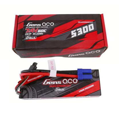 Gens ace G-Tech 5300mAh 7.4V 60C 2S Lipo Battery HardCase 24# with EC5 Plug
