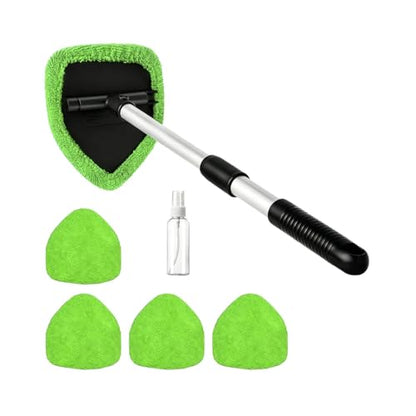 Car Windshield Cleaner Tool, Extendable Handle Pentagonal Vehicle Window Cleaning Kit with 4 Reusable Pads Spray Bottle, Auto Windscreen Detailing Cleaner, Universal Fit (Green) - size: Green