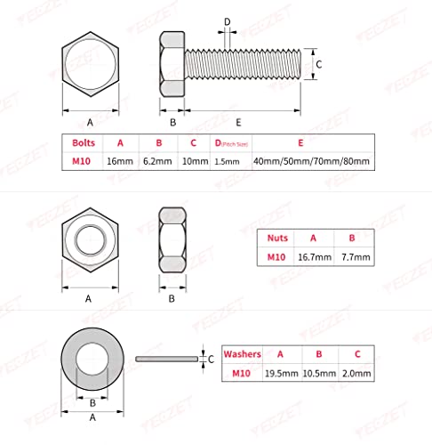 48Pcs Grade 8.8 M10 Hex Head Screws Bolts and Nuts Flat & Lock Washers Assortment Kit 40mm 50mm 70mm 80mm - color: M10--12Sets Bolts and Nuts Kit