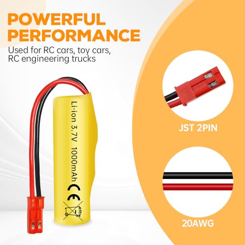 2PCS 3.7V 1000mAh Li-ion Battery JST-2P Plug with USB Charging Cable for Huina 1337 1338 1516 1517 RC Engineering Vehicle Remote Control Toy Car