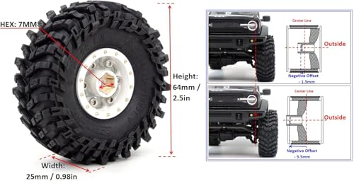 64mm 1.0 All Terrain Tires F/R Mounted Brass 1.0 beadlock Wheels Rims Negative Offset 1.0 Wheels Tires Tyre for RC Mud Crawler 1/24 SCX24 AX24 1/18 TRX4M - color: White