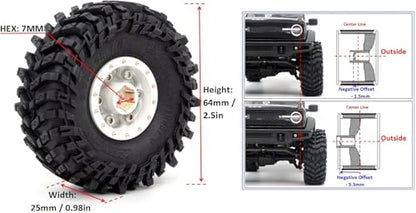 64mm 1.0 All Terrain Tires F/R Mounted Brass 1.0 beadlock Wheels Rims Negative Offset 1.0 Wheels Tires Tyre for RC Mud Crawler 1/24 SCX24 AX24 1/18 TRX4M - color: White