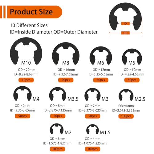 580Pcs Black Alloy Steel E-Clip Assortment Kit, Retaining Rings M1.5-M10 | 10 Metric Sizes: M1.5, M2, M2.5, M3, M3.5, M4, M5, M6, M8, M10, For Bearings Gears Pulleys Axles, Organized Storage Box