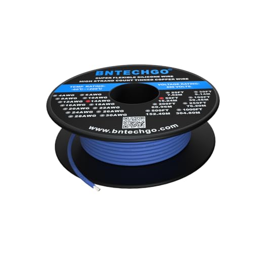 BNTECHGO 14 Gauge Silicone Wire Blue 50ft Stranded Tinned Copper Wire | Flexible 14 AWG Stranded Wire Silicone Rubber Insulation For RC Models, Drone, Robot, Battery, EV Charger, 3D Printer, DIY - color: Blue, size: silicone wire 50ft