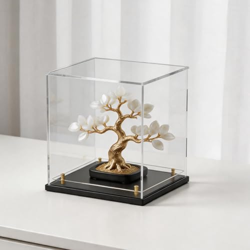 Acrylic Display Case with Raised Shelf, Clear Display Box with Black Base & Gold Standoffs, Dustproof Showcase for Collectibles, Figures, Model Cars – Easy Assembly (8×8×8 Inch) - size: 8"L x 8"W x 8"H