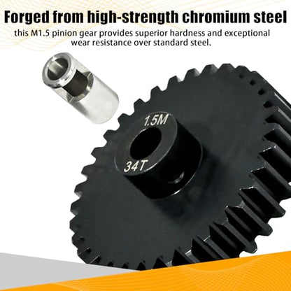 M1.5 34T Pinion Gear 8mm Bore with 8mm to 5mm Shaft Adapter Sleeve, Chromium Steel Motor Gear with Set Screw & Hex Key for Traxxas ARRMA Losi 1/5 1/8 RC Cars - size: 34T