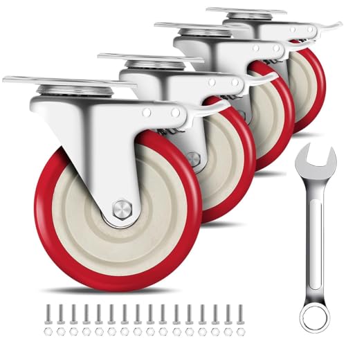 5 Inch Plate Caster Set of 4, Heavy Duty PU Swivel Wheel with Dual Brakes | Smooth 360° rotation,dual locking brake,silent PU wheels - color: Red, size: 5 IN