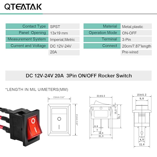 5 Pack KCD1 SPST Pre-Wired On/Off Red LED Boat Rocker Toggle Switch | 3-Pin 2-Position Snap In, Only for DC 12V-24V 20A - color: Red, size: DC 12V-24V 20A - Pre-Wired