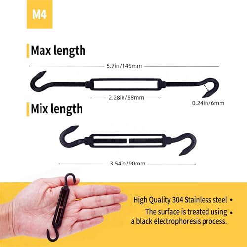 5 Pack Black 304 Stainless Steel M4 Hook and Hook Turnbuckle, Heavy Duty Wire Rope Tensioner, Adjustable Hardware Kit for DIY String Light Hanging, Shade Sail, Clothesline & Picture Hanging - color: Hook and Hook, size: M4-5 Pcs