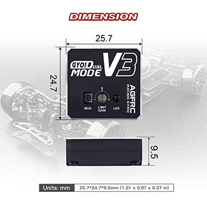 AGFRC Dual-Gain RC Drift Gyro with Aluminum Case (GY01 V3) | Dual Gain Modes: Normal & AVCS, 10g, 3.7-8.4V, EPA Setting, SBUS2/PWM/Sanwa SSR/SHR Compatible, PID Control