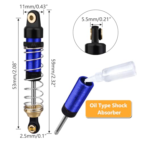 Aluminum 53mm Oil Shocks for TRX4M 1/18 RC Crawler — Long Threaded Shock Absorbers, Adjustable Preload, Brass Bottom Rod Ends, Smooth Dampers, Upgrade Suspension 4-Pack