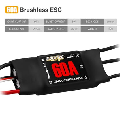 GOUPRC 60A Brushless ESC 2-6S Speed Controller with 5V/7A BEC & XT60 Plugs for Drone RC Helicopter Airplane Fixed Wing DIY RC Multi-axis Aircraft - style: 60A ESC