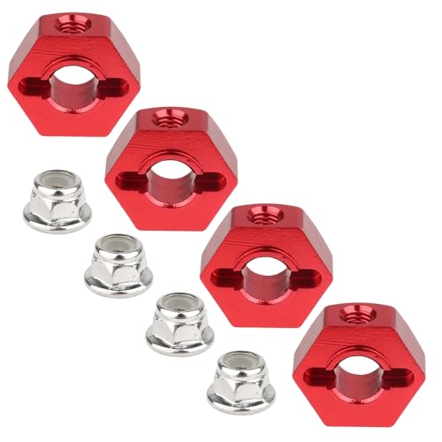 12mm Wheel Hex Hubs 5mm Axle Hole, Drive Adapter Set w/ M4 Flange Lock Nuts for 1/10 1/12 RC Car Truck Buggy, Compatible with Traxxas Tamiya Redcat Axial (Red) - color: Red