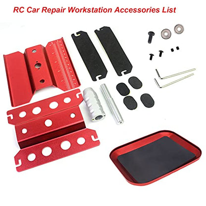 RC Car Work Stand Aluminum Alloy 360 Degree Rotation Lift Work Repair Workstation with Screw Tray for 18 110 112 116 Scale Cars Trucks Buggies Red