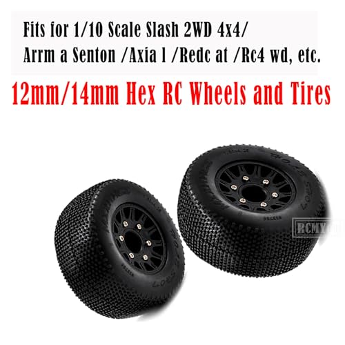 12mm/14mm Hex Rc Truck Tires,RC Wheels Tires for 1/10 Slash 2WD 4×4,Axia1/Arrm a Senton/Re dcat Rc 4wd,Hex Detachable Replacement Running on Off-Road Tire,on-Road Tires,4-Pack,Black
