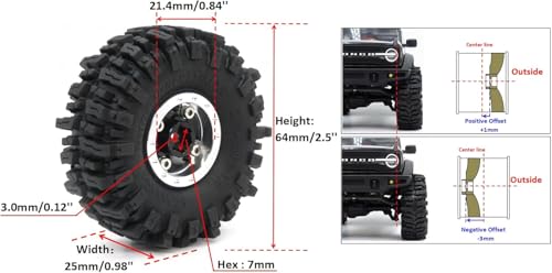 RC 64 * 25mm 1.0 Mud Slingers tires wheels set, 1/18 1/24 1.0 Tires Tyres & 1.0 beadlock wheels (2 offsets option) Rims For RC Mini Crawler 1/24 SCX24 1/18 TRX4M FMS 24 - color: Silver & Black