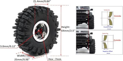 RC 64 * 25mm 1.0 Mud Slingers tires wheels set, 1/18 1/24 1.0 Tires Tyres & 1.0 beadlock wheels (2 offsets option) Rims For RC Mini Crawler 1/24 SCX24 1/18 TRX4M FMS 24 - color: Silver & Black