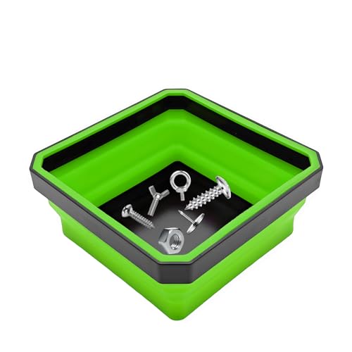 Collapsible Magnetic Parts Tray, 4.5" Square Silicone Metal Parts Organizer Double-Sided Magnet Bowl, Foldable Magnetic Tool Trays for Screws Bolts Nuts Washers Pins (Green) - color: Green