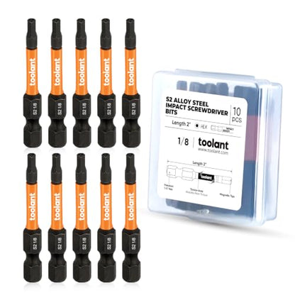 toolant 1/8" Impact Hex Bits Set 10pcs, 1/4” Hex-Shank Allen Wrench Drill Bit Set,S2 Steel, CNC Machined Tips with Magnetism, 2” Long with Storage Box - size: 1/8"(10pcs)