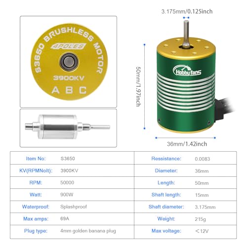 Waterproof GR3650 3900KV Brushless Motor 3.175mm Shaft with 60A Brushless ESC Electric Speed Controller with Heatsink and Programming Card for 1/10 Remote Control Car Truck, Black & Green - color: Black & Green